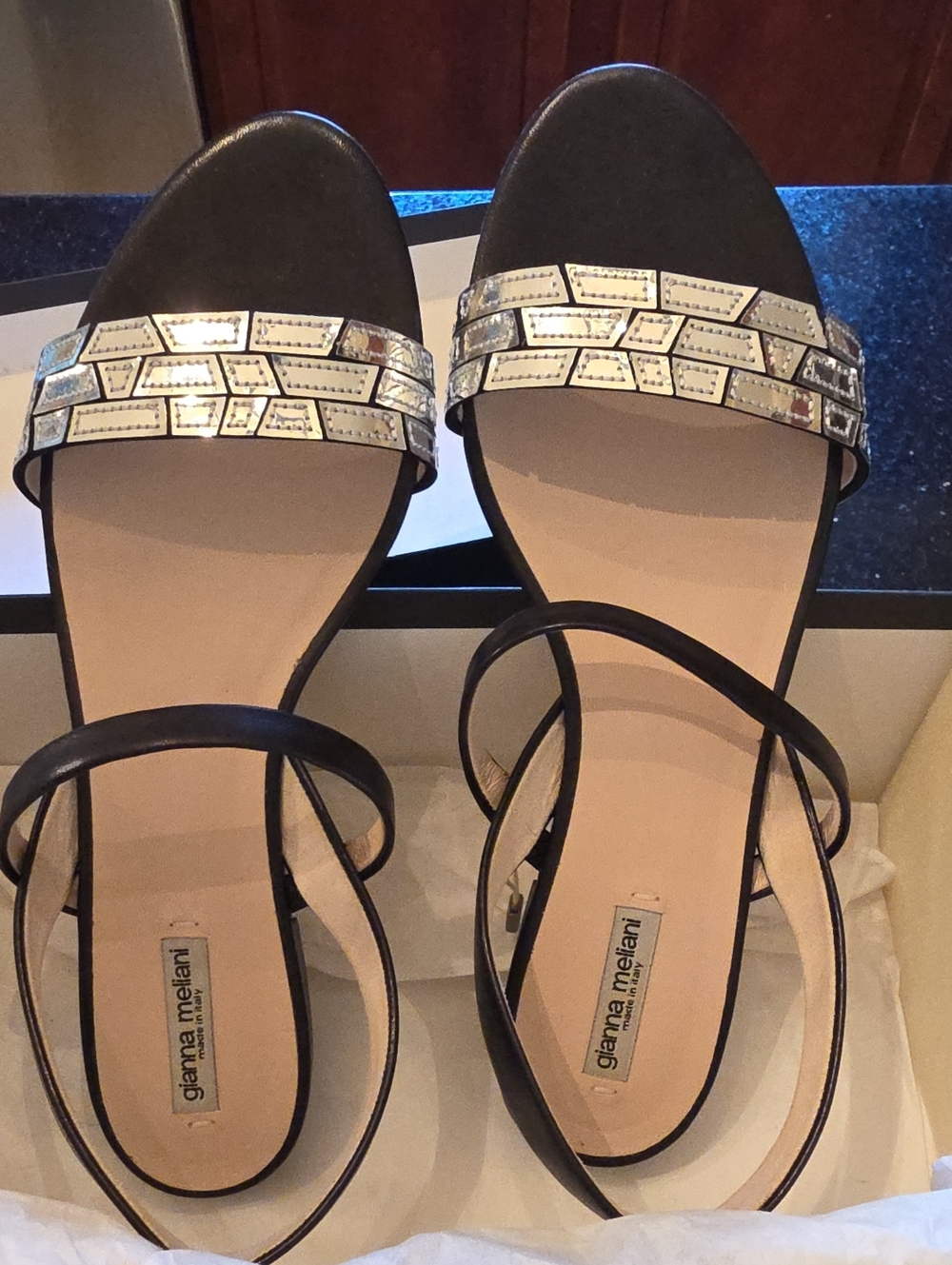 Gianna Meliani Black Ankle-Strap Sandals with Silver Accent